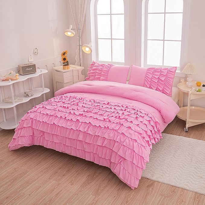 Full Size Comforter Set for Girls Kids, 3Pcs Pink Comforter Set Full, Blush Pink Princess Bedding, Vintage Soft Boho Chic Bedding for All Season