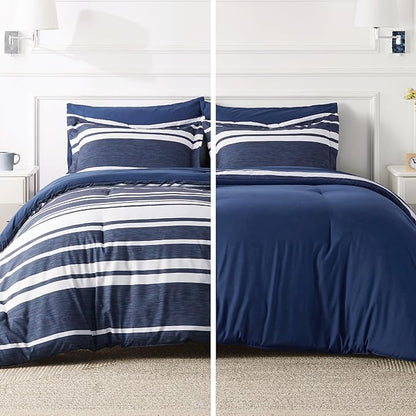 Bedsure Bed in a Bag Full Size 7 Pieces, Navy White Striped Bedding Comforter Sets All Season Bed Set, 2 Pillow Shams, Flat Sheet, Fitted Sheet and 2 Pillowcases