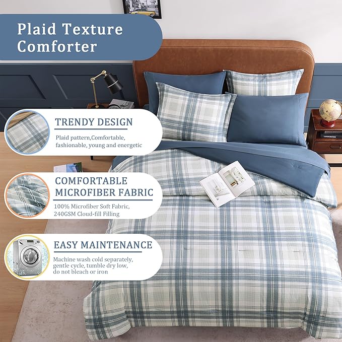 Blue King Size Comforter Set, Plaid King Bed Sets for Boys & Girls,Classic Homestead-Style King Sized Comforter Bedding Set with Sheets and Comforter Sets