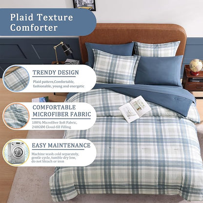 Blue King Size Comforter Set, Plaid King Bed Sets for Boys & Girls,Classic Homestead-Style King Sized Comforter Bedding Set with Sheets and Comforter Sets