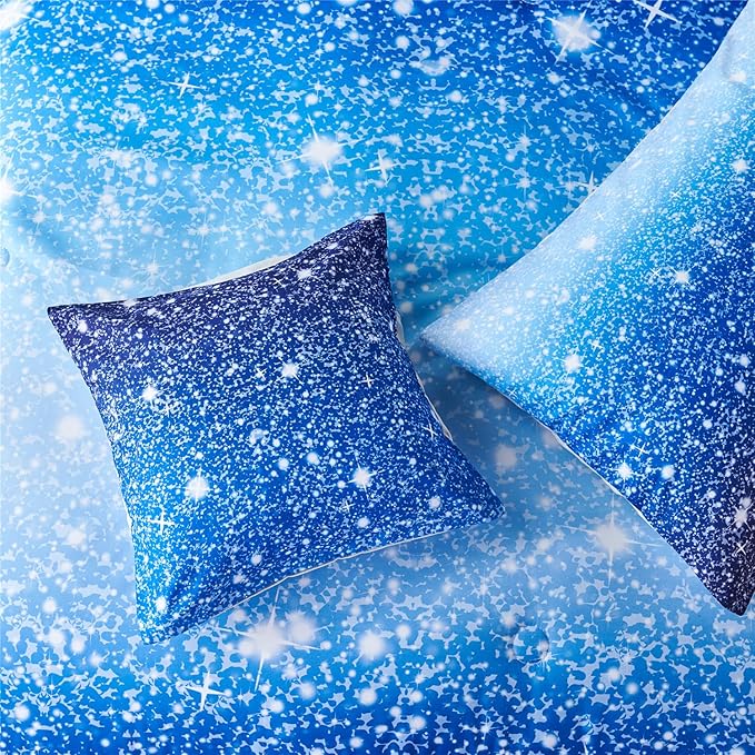 RYNGHIPY 6Pcs Gradient Aqua Blue Navy Ombre Comforter Sets with Sheets Pillowcases, Queen Size Sparkle Glitter Design Comforter Bedding Collections for Kids Boys and Girls