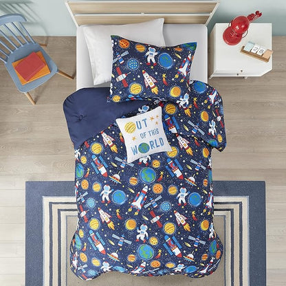 Mi Zone Kids Jason Cozy Comforter Outer Space Rocket Ships, Astronauts Print, All Season Cover, Hypoallergenic Bedding Set, Matching Sham, Decorative Pillow, Twin(66" Wx86 L), Multi 3 Piece