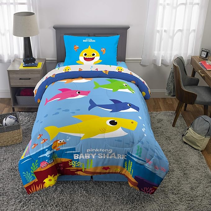 Franco Kids Bedding Super Soft Comforter and Sheet Set, 4 Piece Twin Size, Baby Shark
