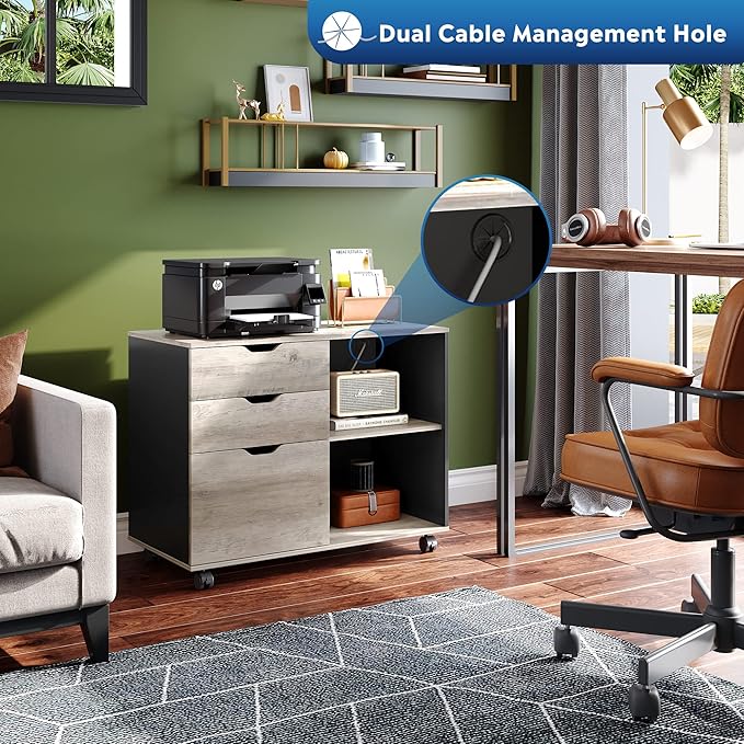 DEVAISE 3-Drawer Wood File Cabinet, Mobile Lateral Filing Cabinet, Printer Stand with Open Storage Shelves for Home Office, Greige