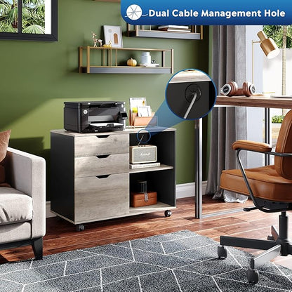DEVAISE 3-Drawer Wood File Cabinet, Mobile Lateral Filing Cabinet, Printer Stand with Open Storage Shelves for Home Office, Greige