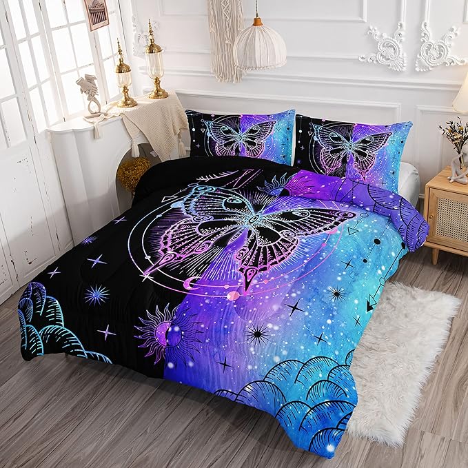 Datura home Black Blue Butterfly Comforter Set for Girls Women,Boho Butterfly Sun and Moon Mandala Printed Bedding Set with 2 Pillowcases(Black Blue Twin)
