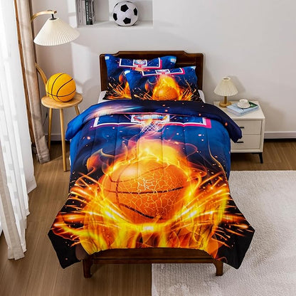 Btargot Basketball Fire Court Comforter Sets Twin for Boys Teens,3D Sports Bedding,Soft Microfiber Reversible Quilt with 2 Matching Pillow Shams