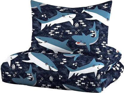 Dream Factory Sharks Boys Twin Size Boys Bedding Set Cotton Kids Comforter Set with Sham, 2 Piece, Twin, Navy
