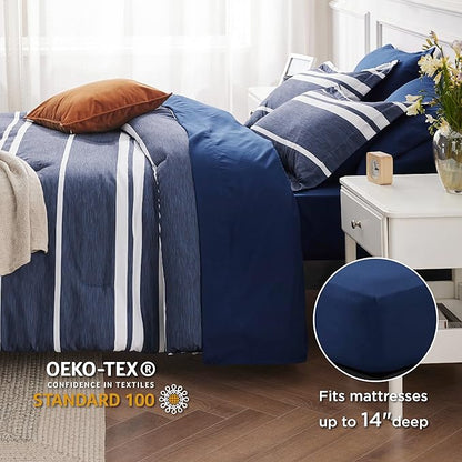 Bedsure Bed in a Bag Queen 7 Pieces - Navy & White Striped Comforter Set Queen All Season Bed Set, Bed Set Queen Size with 1 Comforter, 1 Flat Sheet, 1 Fitted Sheet, 2 Pillowcases & 2 Shams
