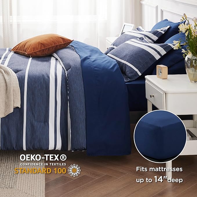 Bedsure Bed in a Bag Full Size 7 Pieces, Navy White Striped Bedding Comforter Sets All Season Bed Set, 2 Pillow Shams, Flat Sheet, Fitted Sheet and 2 Pillowcases
