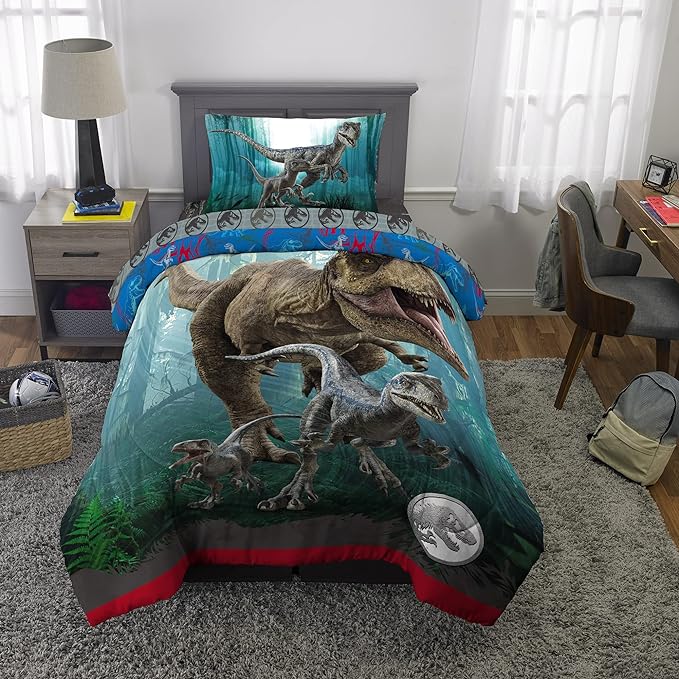 Jurassic World Dominion Blue Velociraptor and Rexy T-Rex Super Soft Microfiber Reversible Comforter, Twin Size, Bedding by Franco Kids