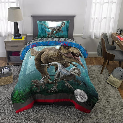 Jurassic World Dominion Blue Velociraptor and Rexy T-Rex Super Soft Microfiber Reversible Comforter, Twin Size, Bedding by Franco Kids