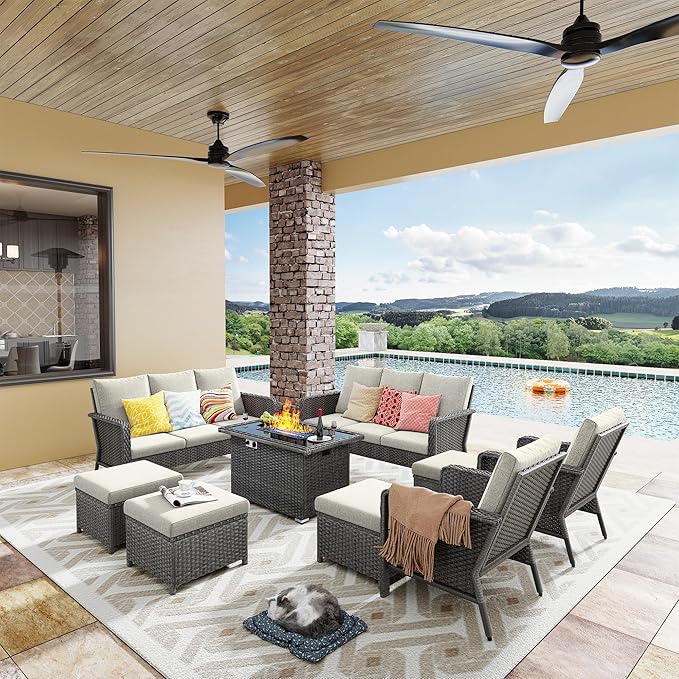 Yechen Patio Conversation Set 10 Seats with 44" Propane Gas Fire Pit Table - 7 Pcs Outdoor Wicker Furniture Set with Lid & Wind Shields - Sectional Sofa Set for Porch,Backyard