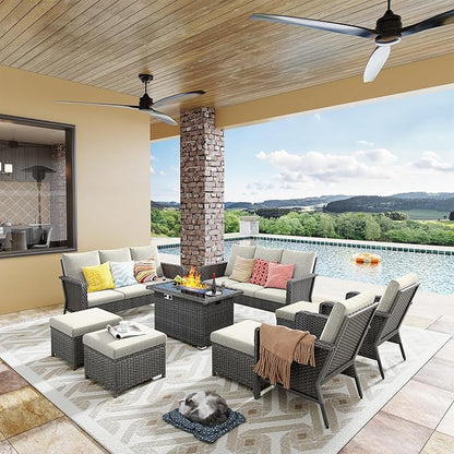 Yechen Patio Conversation Set 10 Seats with 44" Propane Gas Fire Pit Table - 7 Pcs Outdoor Wicker Furniture Set with Lid & Wind Shields - Sectional Sofa Set for Porch,Backyard