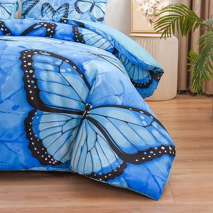 Btargot 3 Piece Blue Butterfly Girls Kids Adults Queen Size Comforter Set, Lightweight Soft All Season Bedding Set with 2 Pillowcases