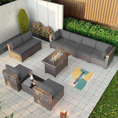 Kullavik 10 Pieces Outdoor Patio Furniture Set with 43" Gas Propane Fire Pit Table PE Wicker Rattan Sectional Sofa Patio Conversation Sets,Grey