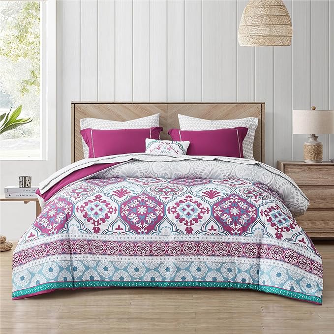 Degrees of Comfort Twin XL Complete Comforter Sets, Lattice Boho Bed in A Bag,Microfiber Bedding Set with Side Pockets, Matching Decorative Pillow, 6 Piece Purple