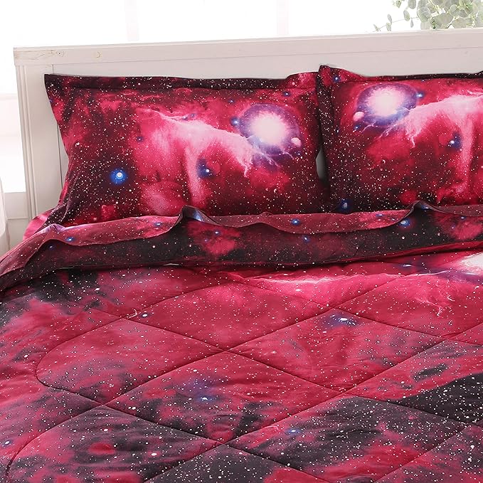 Wowelife Galaxy Bedding Sets for Boys and Girls 5-Piece Full, Premium Galaxy Bed in a Bag Red, 3D Galaxy Comforter Set, Comfortable and Soft Kids Bedding Set