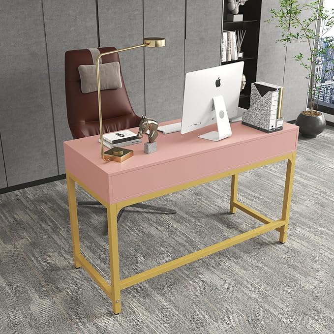 WESTREE Women Makeup Vanity Desk with 2 Drawers - Bedroom Home Office Desk, Wooden Height Monitor Stand & Storage Shelf without Mirror, Pink Table Great Gift for Her