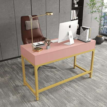 WESTREE Women Makeup Vanity Desk with 2 Drawers - Bedroom Home Office Desk, Wooden Height Monitor Stand & Storage Shelf without Mirror, Pink Table Great Gift for Her