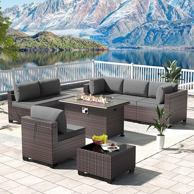 Kullavik 8 Pieces Outdoor Patio Furniture Set with 43" Gas Propane Fire Pit Table PE Wicker Rattan Sectional Sofa Patio Conversation Sets,Grey