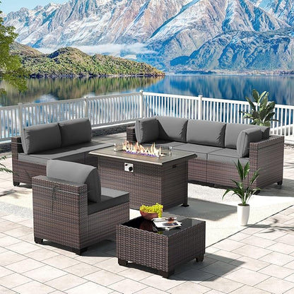 Kullavik 8 Pieces Outdoor Patio Furniture Set with 43" Gas Propane Fire Pit Table PE Wicker Rattan Sectional Sofa Patio Conversation Sets,Grey