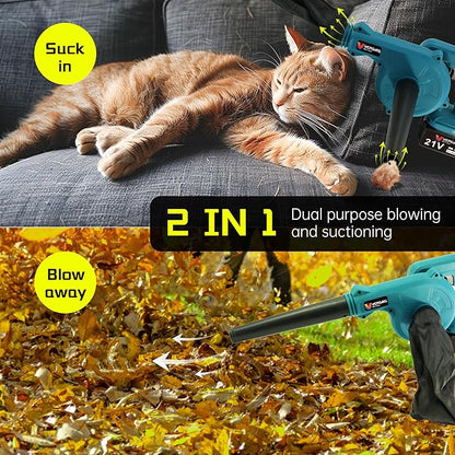 Electric Cordless Leaf Blower 21V, Leaf blower Dual Function Blowing and Vacuuming, with 2 x 4.0AH High Capacity Batteries, Leaf Blower Cordless Effortlessly Clears Blowers for Lawn Care