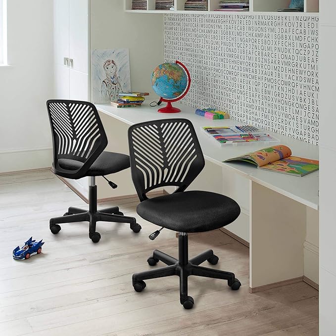 Yaheetech Students Cute Desk Chair Low-Back Armless Study Chair w/Lumbar Support Adjustable Swivel Chair in Home Bedroom School, Black
