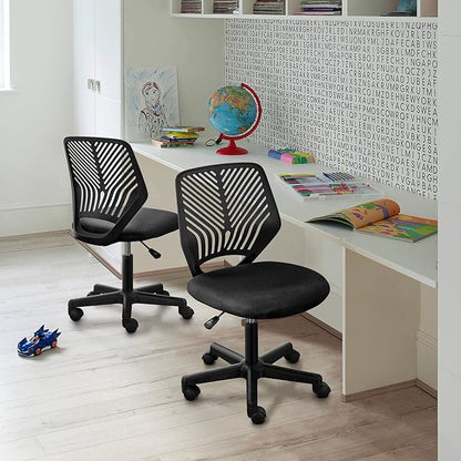 Yaheetech Students Cute Desk Chair Low-Back Armless Study Chair w/Lumbar Support Adjustable Swivel Chair in Home Bedroom School, Black