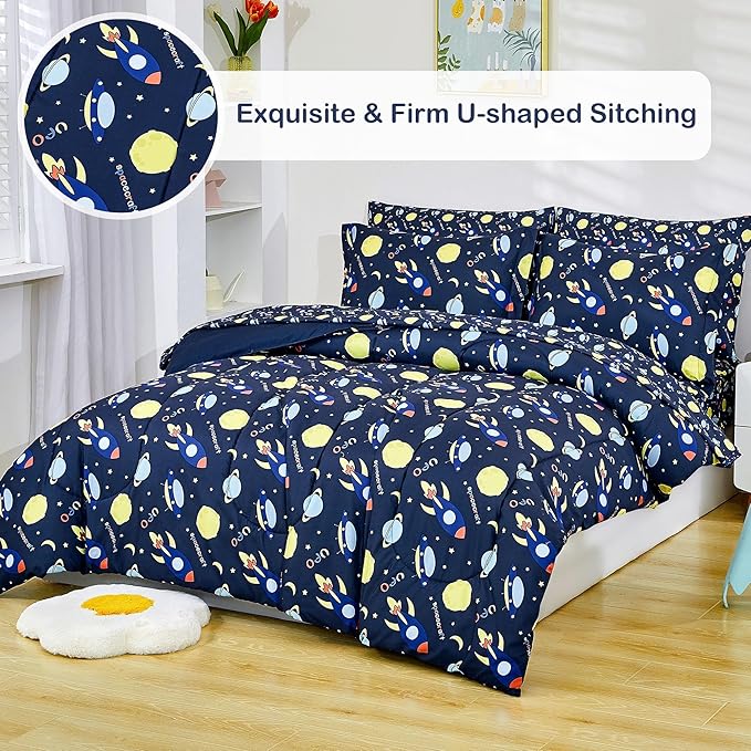 Mooreeke Bed in a Bag for Kids Boys Teens, 5 Pieces Twin Size Comforter Bed Set with Shams, Sheet Set, Space Planet Blue Black Super Soft Microfiber Kids Comforter Bedding Set