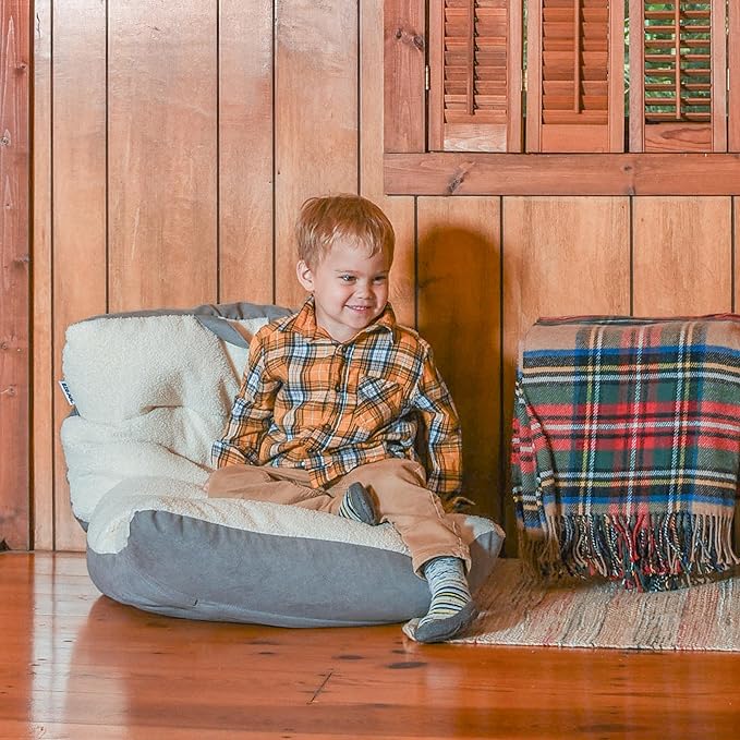 Big Joe Roma Kid's Bean Bag Chair, Oat Sherpa and Graphite, Vegan Suede, 2 feet