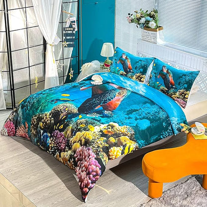 CVHOUSE Sea Turtle Bedding Set,Sea Turtle Comforter Twin,Ocean Beach Comforter Set for Boys Kids Girls,Ocean Quilt Set with 1 Comforter and 2 Pillow Cases