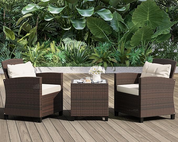 Shintenchi 3 Pieces Patio Furniture Set 3 Pieces PE Rattan Wicker Chairs with Table Outdoor Furniture for Backyard/Garden/Poolside/Outdoor Restaurant Brown Rattan with White Cushion
