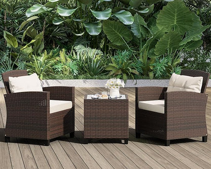 Shintenchi 3 Pieces Patio Furniture Set 3 Pieces PE Rattan Wicker Chairs with Table Outdoor Furniture for Backyard/Garden/Poolside/Outdoor Restaurant Brown Rattan with White Cushion