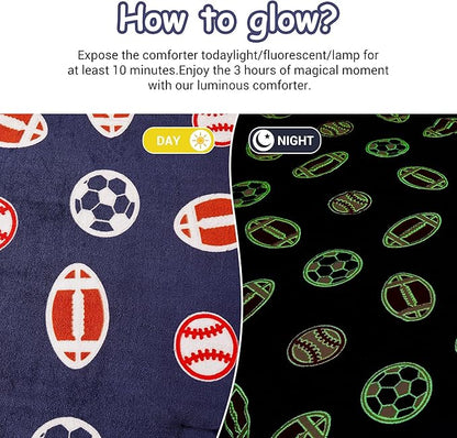 Mooreeke Glow in The Dark Twin Plush Fleece Comforter Bed Set, Soft & Warm 2 Piece Bed in A Bag with Sham, Velour Velvet Football Basketball Soccer Rugby Boys Kids Bedding Set, Fluffy Fuzzy Polar Cozy