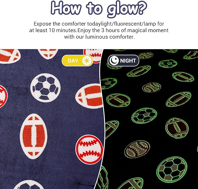 Mooreeke Glow in The Dark Full Plush Fleece Comforter Bed Set, Soft & Warm 3 Piece Bed in A Bag with Sham, Velour Velvet Football Basketball Soccer Rugby Boys Kids Bedding Set, Fluffy Fuzzy Polar Cozy