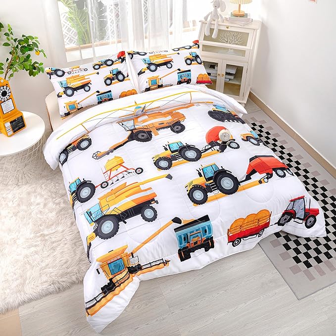 CVHOUSE Tractor Bedding Sets for Boys,Excavators Comforter Full,Boys Cartoon Truck Comforter Set,Trucks Tractors Cars Quilt Set with 1 Comforter and 2 Pillow Cases- 3 Piece