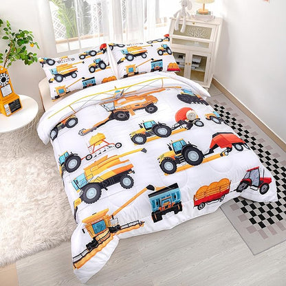 CVHOUSE Tractor Bedding Sets for Boys,Excavators Comforter Full,Boys Cartoon Truck Comforter Set,Trucks Tractors Cars Quilt Set with 1 Comforter and 2 Pillow Cases- 3 Piece