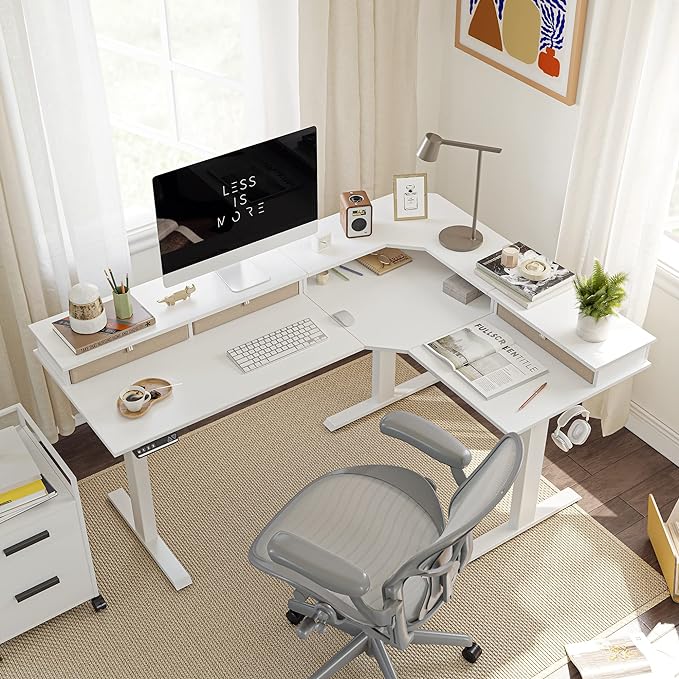FEZIBO Triple Motor 63" L Shaped Standing Desk with 3 Drawers, Electric Standing Gaming Desk Adjustable Height, Corner Stand up Desk with Splice Board, White Frame/White Top