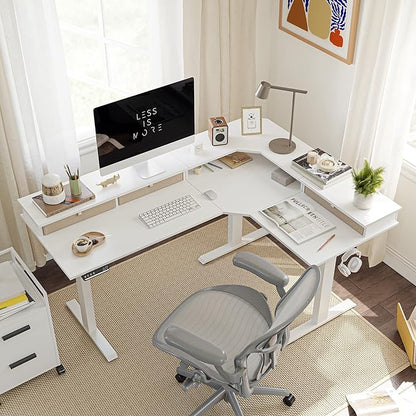FEZIBO Triple Motor 63" L Shaped Standing Desk with 3 Drawers, Electric Standing Gaming Desk Adjustable Height, Corner Stand up Desk with Splice Board, White Frame/White Top