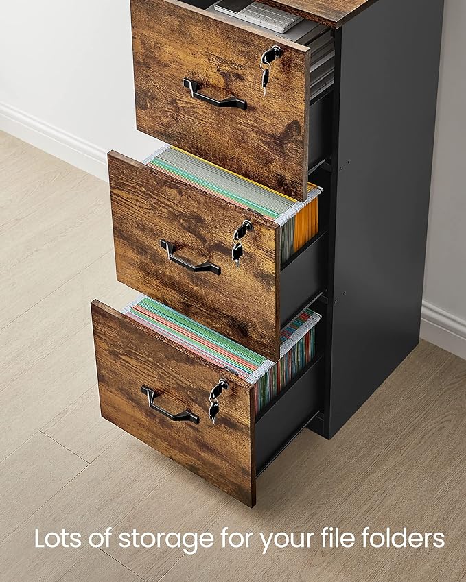 VASAGLE 3-Drawer Vertical File Cabinet, Filing Cabinet for Home Office, Printer Stand, with 3 Lockable Drawers, Adjustable Hanging Rail, for A4 and Letter-Size Files, Rustic Brown and Black UOFC055B01