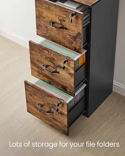 VASAGLE 3-Drawer Vertical File Cabinet, Filing Cabinet for Home Office, Printer Stand, with 3 Lockable Drawers, Adjustable Hanging Rail, for A4 and Letter-Size Files, Rustic Brown and Black UOFC055B01