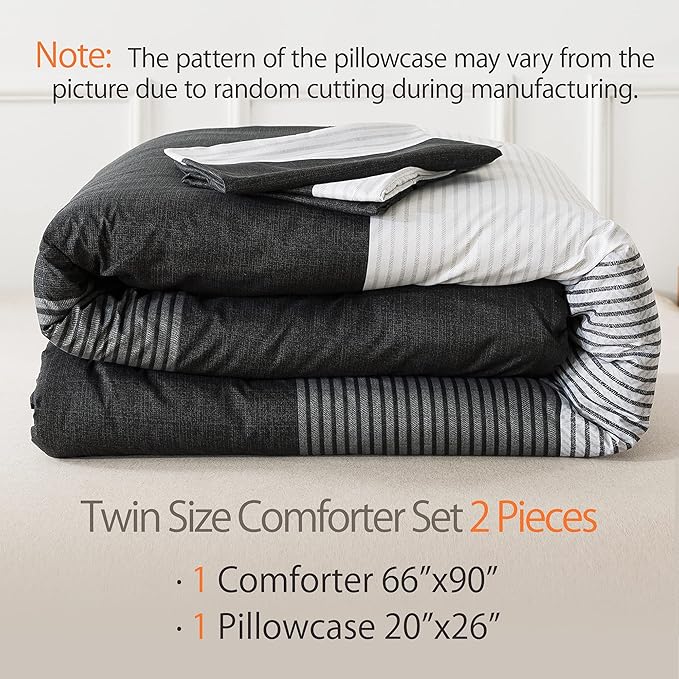 Andency Twin Comforter Set Black, 2 Pieces Black White and Gray Patchwork Striped Comforter(66x90 Inch), Soft Microfiber Down Alternative Twin Comforter Bedding Sets with Corner Loops