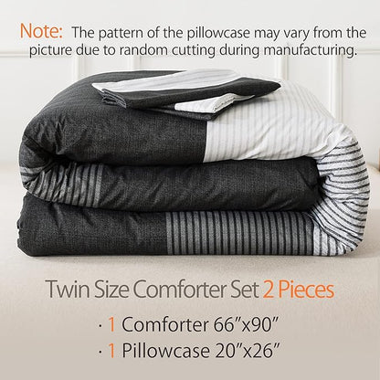 Andency Twin Comforter Set Black, 2 Pieces Black White and Gray Patchwork Striped Comforter(66x90 Inch), Soft Microfiber Down Alternative Twin Comforter Bedding Sets with Corner Loops