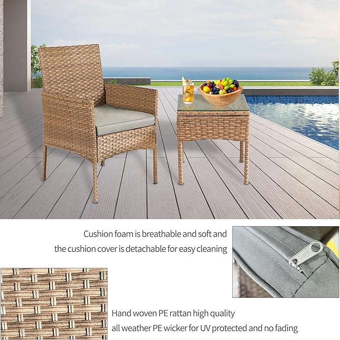 3 Pieces Patio Set Balcony Furniture Sets for Apartments.Bistro Furniture Set, Conversation Sets with Coffee Table, for Porch, Patio, Garden and Removable Cushions Grey