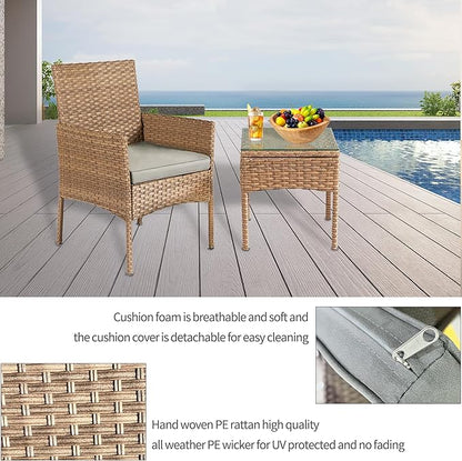 3 Pieces Patio Set Balcony Furniture Sets for Apartments.Bistro Furniture Set, Conversation Sets with Coffee Table, for Porch, Patio, Garden and Removable Cushions Grey