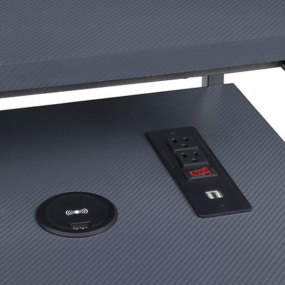 OSP Home Furnishings Reload Gaming Desk with Wireless Charging, USB Power Hub, and Remote Controlled RGB LED Lights, Matte Grey Carbon Fiber