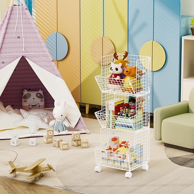 3 Tier Rolling Wire Toy Organizer Basket - with Wheel, S-Hooks, Toy Storage Cart Wall Bookshelf for Kids Room, Playroom, Bedroom (White, Standard)