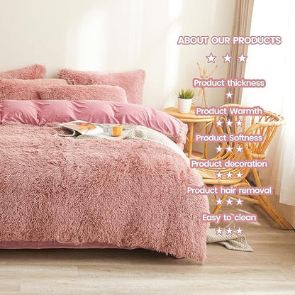 Old Pink Plush Fluffy Comforter Cover Set Queen - Ultra Soft Faux Fur Old Pink Bedding Sets 3 Pieces (1 Fuzzy Duvet Cover + 2 Pillow case) Shaggy Bed Set (Old Pink, Queen)