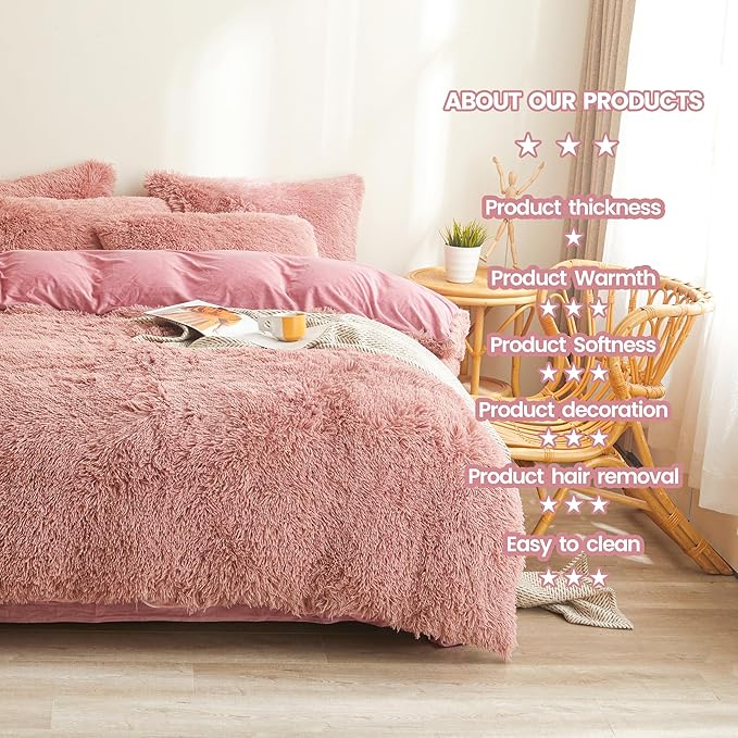 FOPPA Old Pink fluffy Comforter Cover Set king- Ultra Soft fluffy Old Pink Bedding Sets 3 Pieces (1 Duvet Cover + 2 Pillow case) Old Pink fluffy bed set (Old Pink, King)